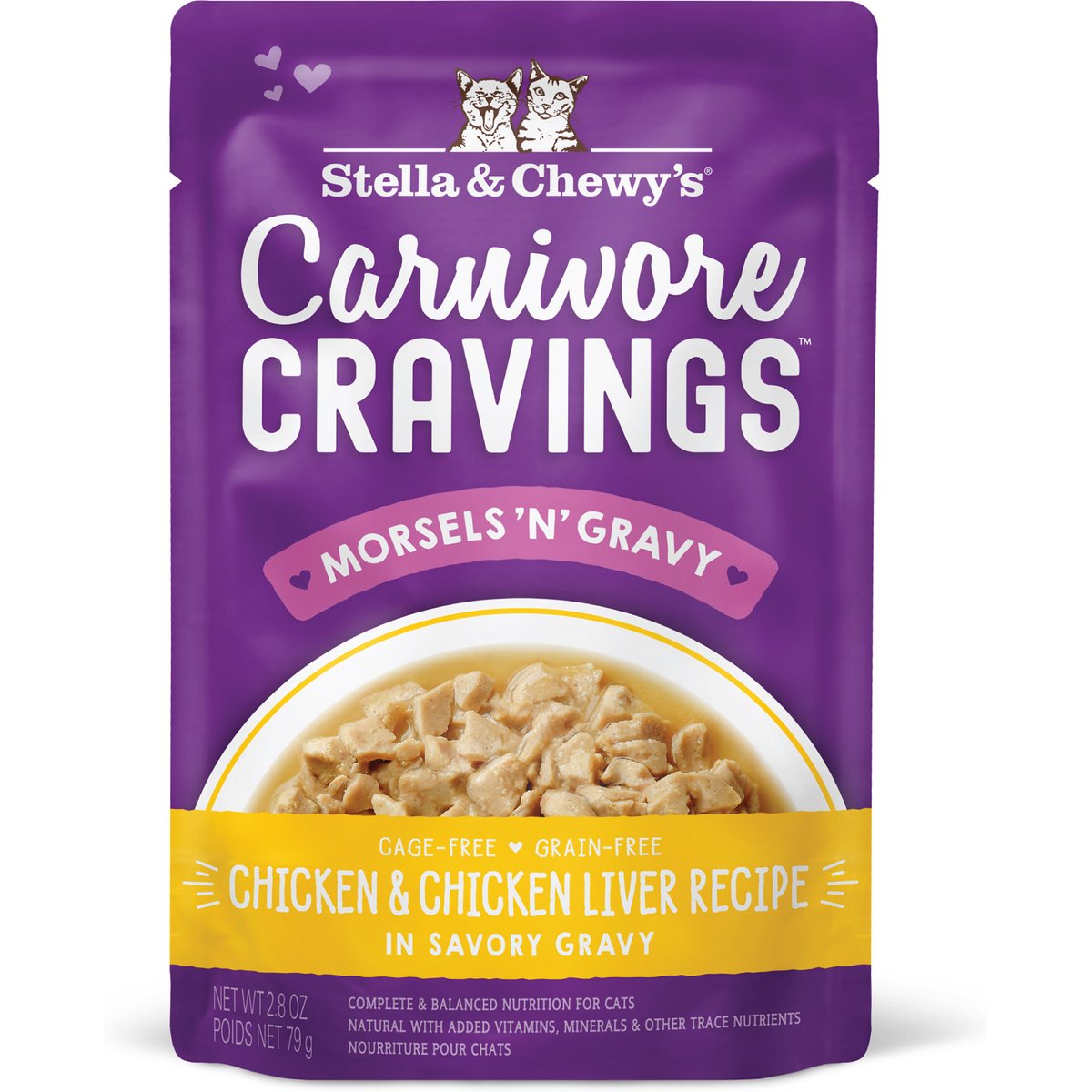 Stella & Chewy's Carnivore Cravings Morsels'N'Gravy Chicken & Chicken Liver Recipe Cat Food, 2.8-oz pouch, case of 12