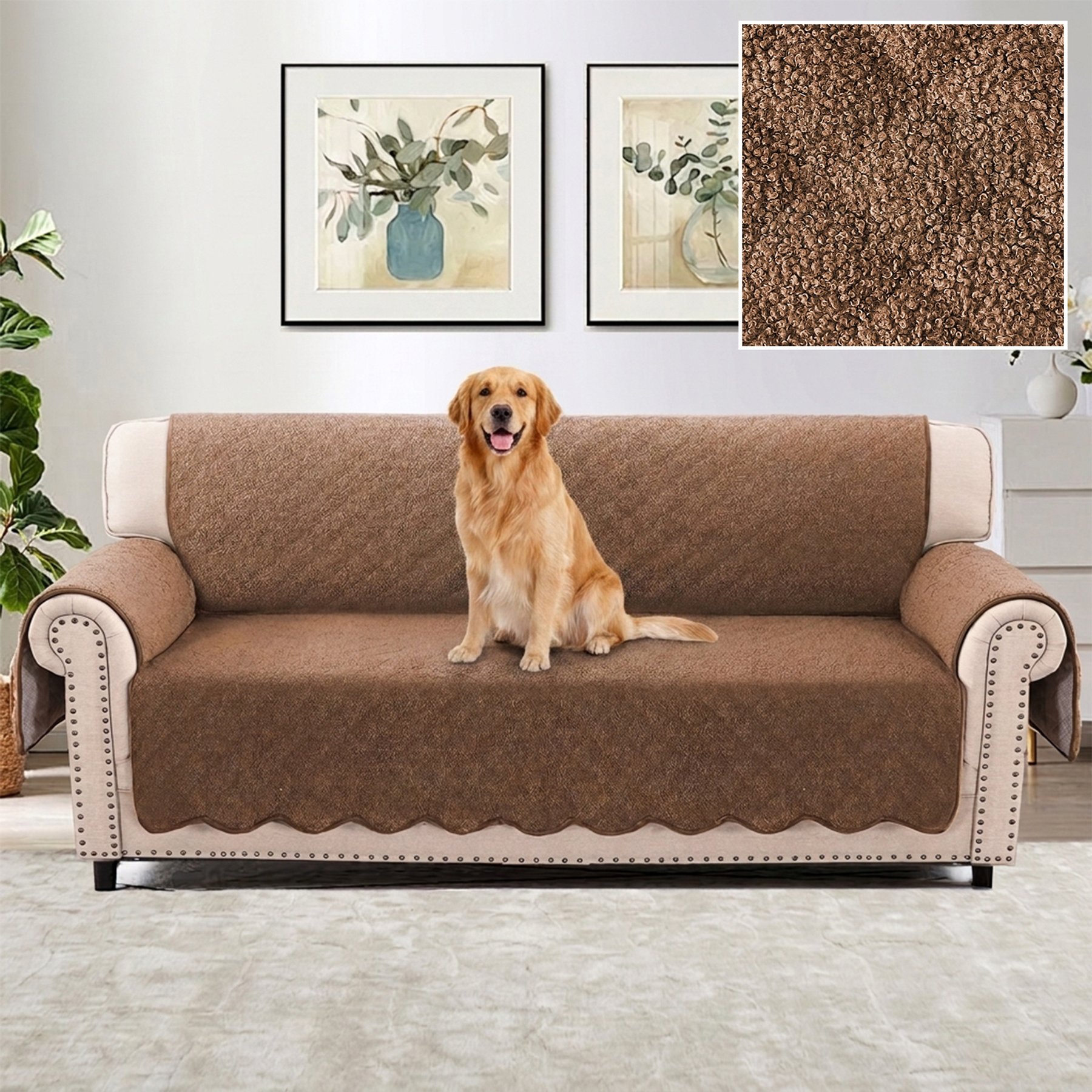 H.VERSAILTEX Fleece Fabric 3-Seater Waterproof Quilted Couch Sofa Dog Furniture Cover, Caramel