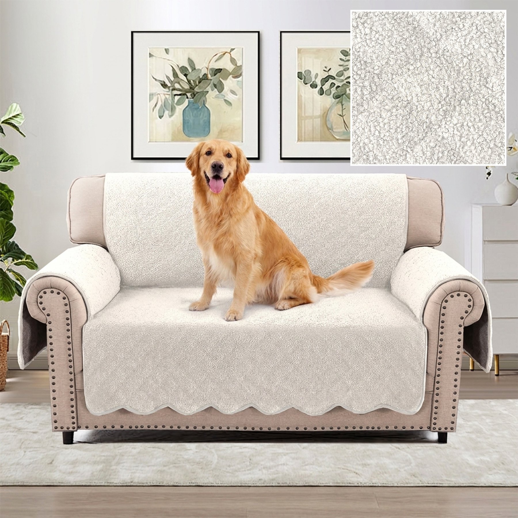 H.VERSAILTEX Fleece Fabric Loveseat Waterproof Quilted Couch Sofa Dog Furniture Cover, White