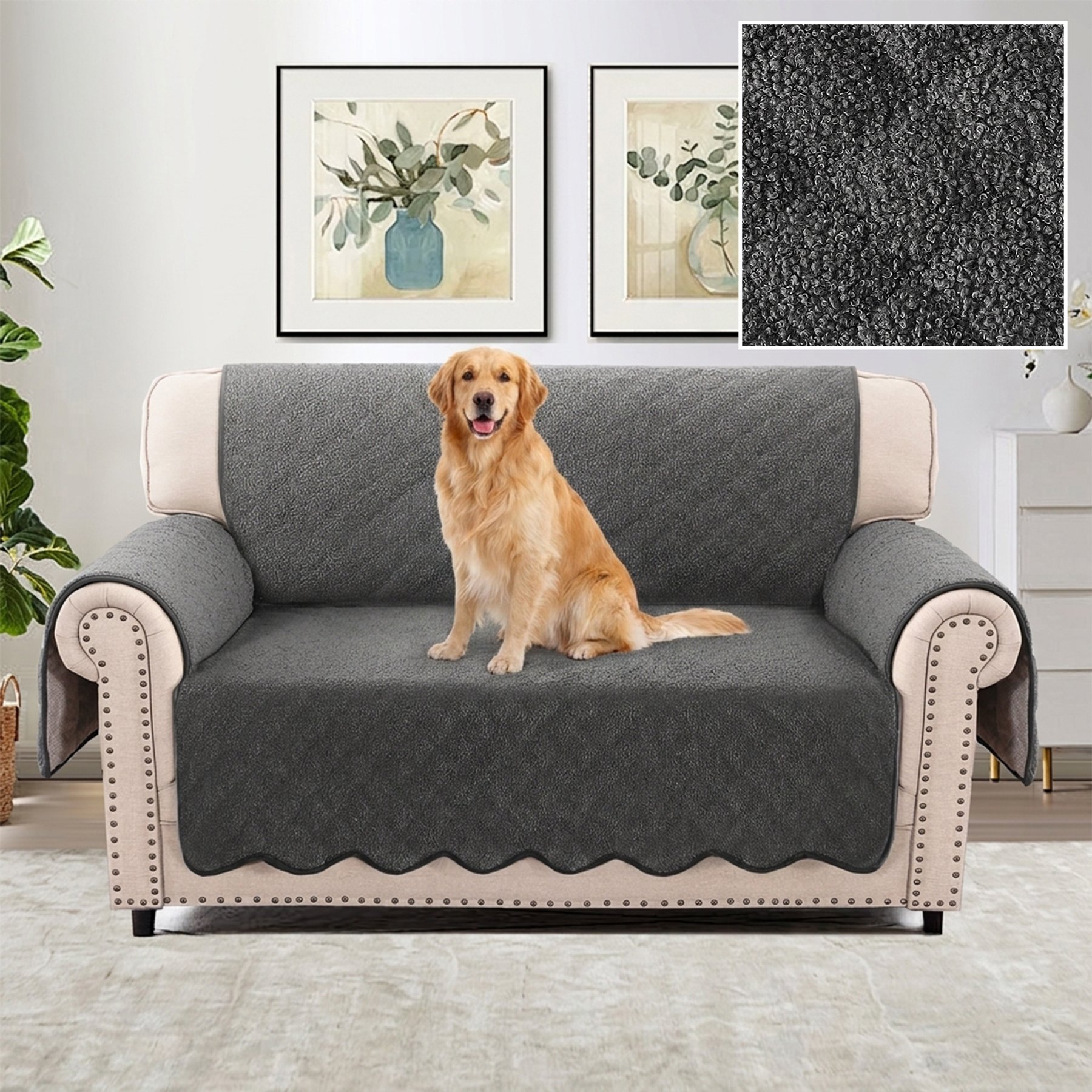 H.VERSAILTEX Fleece Fabric Loveseat Waterproof Quilted Couch Sofa Dog Furniture Cover, Charcoal Gray