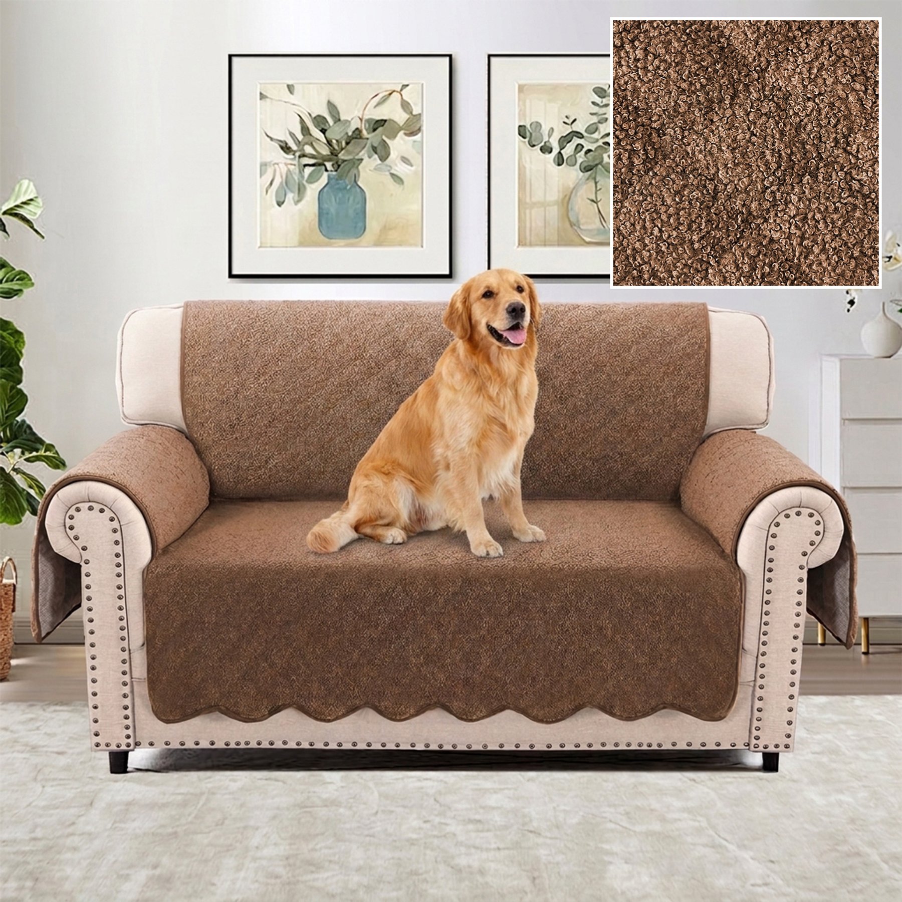 H.VERSAILTEX Fleece Fabric Loveseat Waterproof Quilted Couch Sofa Dog Furniture Cover, Caramel