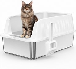 Pawward Stainless Steel High Sided Cat Litter Box with Scoop, White, Large: 22.8 x 14.6 x 10.3-in