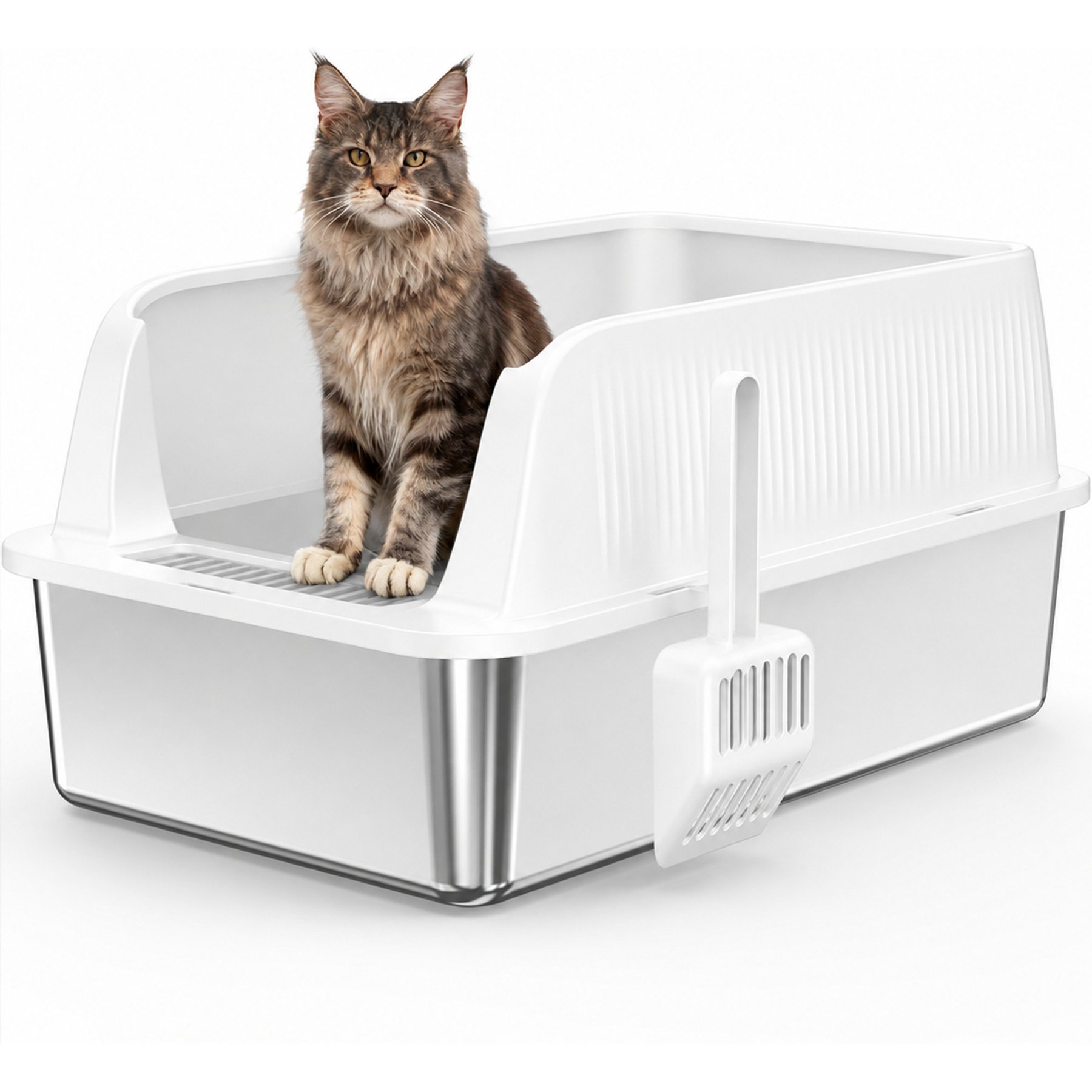 Pawward Stainless Steel High Sided Cat Litter Box with Scoop, White, Large: 22.8 x 14.6 x 10.3-in