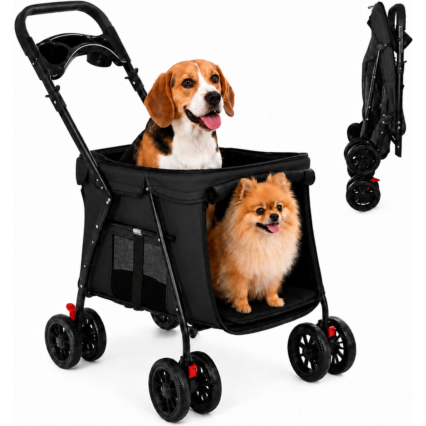 Yafylly Breathable Mesh with 4 Shockproof Wheels, Storage Tray, 2 Fixed Safety Leashes, Large Space Carrier Dog & Cat Stroller, Small, Black