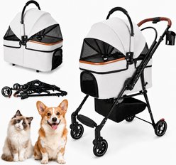 Yafylly 360 Degree Swivel 4 Wheel Foldable Dog & Cat Stroller with Detachable Carrier Travel Bag, Rear Brakes, Mesh Cabin, Adjustable Canopy & Storage Basket, Gray, Medium