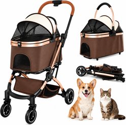 Yafylly 2-in-1 Detachable Foldable with Carry Basket, One-Hand Fold, 360° Swivel Wheels, Adjustable Canopy, Telescopic Handle Dog & Cat Stroller, Small, Brown