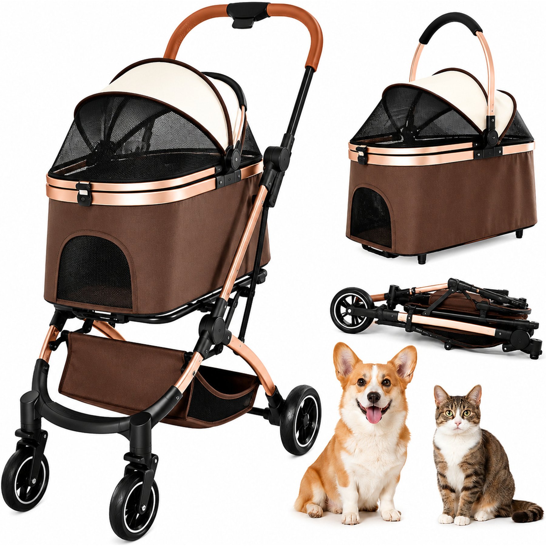 Yafylly 2-in-1 Detachable Foldable with Carry Basket, One-Hand Fold, 360° Swivel Wheels, Adjustable Canopy, Telescopic Handle Dog & Cat Stroller, Small, Brown