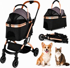 Yafylly 2-in-1 Detachable Foldable with Carry Basket, One-Hand Fold, 360° Swivel Wheels, Adjustable Canopy, Telescopic Handle Dog & Cat Stroller, Small, Black