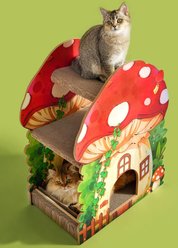 Fairela Alice Mushroom Multi-Level Cardboard Cat Condo Scratcher House with Scratch Pads, Hideaway Playhouse & Interactive Furniture, Red, 22.4 x 13.2 x 29-in slide 2 of 9