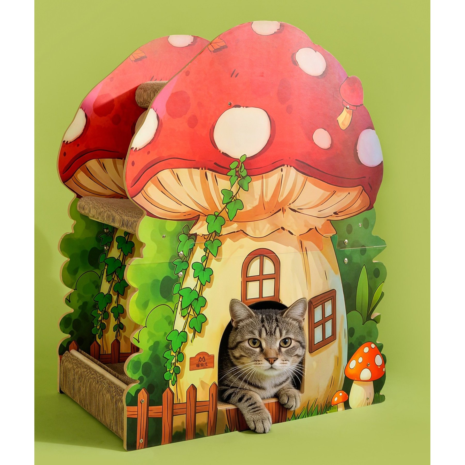 Fairela Alice Mushroom Multi-Level Cardboard Cat Condo Scratcher House with Scratch Pads, Hideaway Playhouse & Interactive Furniture, Red, 22.4 x 13.2 x 29-in