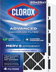 Clorox Air Filters MERV 8 with Carbon & Pleated HVAC AC Furnace Dog, Cat & Small Pet Air Filter, White, 4 count, 20 x 25 x 1-in