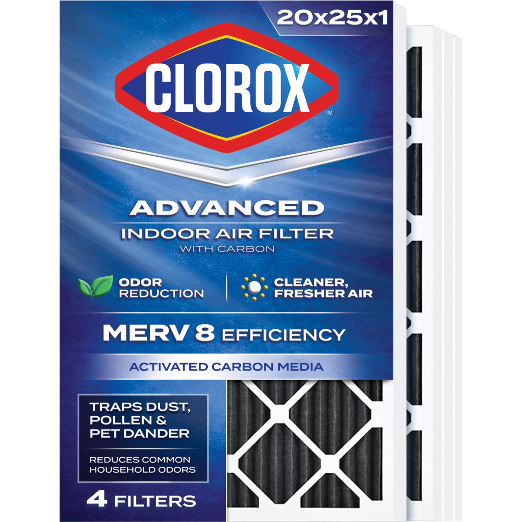 Clorox Air Filters MERV 8 with Carbon & Pleated HVAC AC Furnace Dog, Cat & Small Pet Air Filter, White, 4 count, 20 x 25 x 1-in