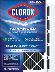 Clorox Air Filters MERV 8 with Carbon & Pleated HVAC AC Furnace Dog, Cat & Small Pet Air Filter, White, 4 count, 18 x 20 x 1-in
