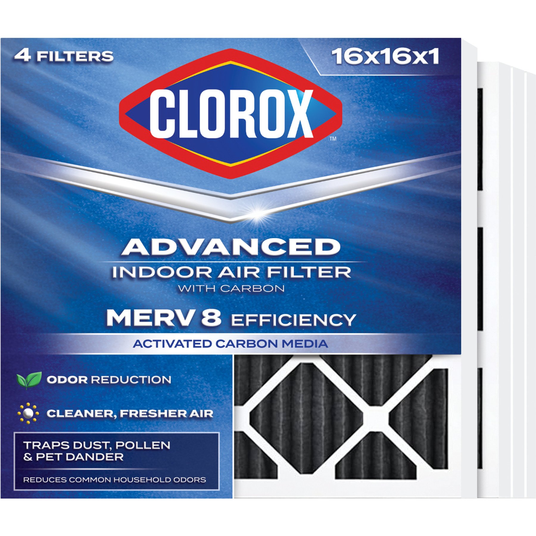 Clorox Air Filters MERV 8 with Carbon & Pleated HVAC AC Furnace Dog, Cat & Small Pet Air Filter, White, 4 count, 16 x 16 x 1-in