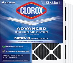 Clorox Air Filters MERV 8 with Carbon & Pleated HVAC AC Furnace Dog, Cat & Small Pet Air Filter, White, 4 count, 12 x 12 x 1-in
