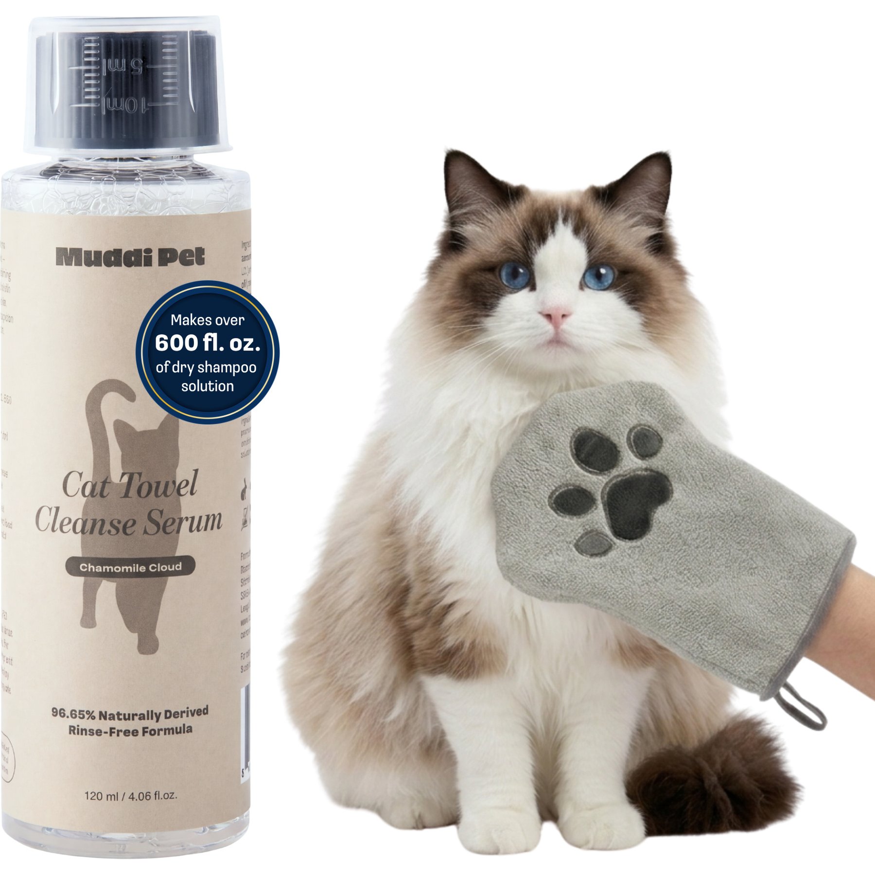 Muddi Pet Concentrated Rinse-Free Cat Shampoo & Conditioner with Bath Mitt, Grey, 4-fl oz bottle