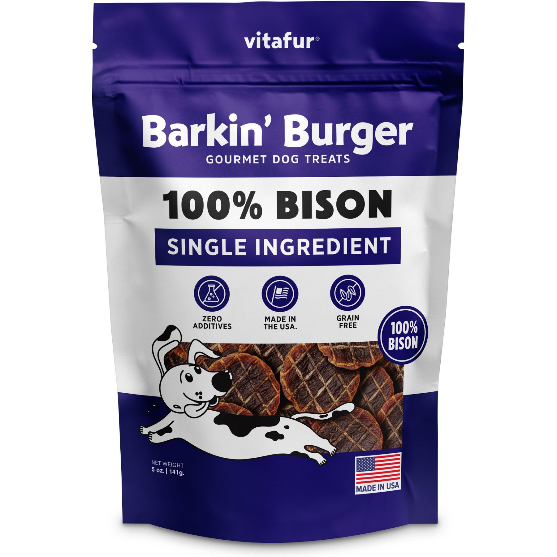 Vitafur Barkin Burger 100% Grain-Free Bison Flavored Dehydrated Dog Treats, 5-oz bag
