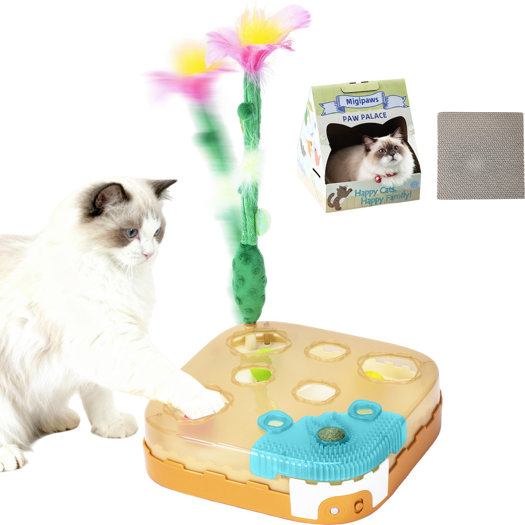 Migipaws 8-in-1 Paw Palace Rechargeable Automatic Catnip Feather Scratcher Cat Toy, Light Brown