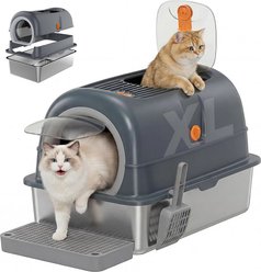MeWang Dual Entry High Side Anti-Splash Stainless Steel Pan Cat Litter Box with Lid, Scoop & Mat, XX-Large: 23.62 x 15.75 x 15.75-in, Grey slide 1 of 7
