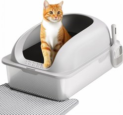 MeWang Leak-Proof Stainless Steel Pan Covered Cat Litter Box with Scoop & Mat, 23.6 x 15.7 x 11.8-in, Light Gray