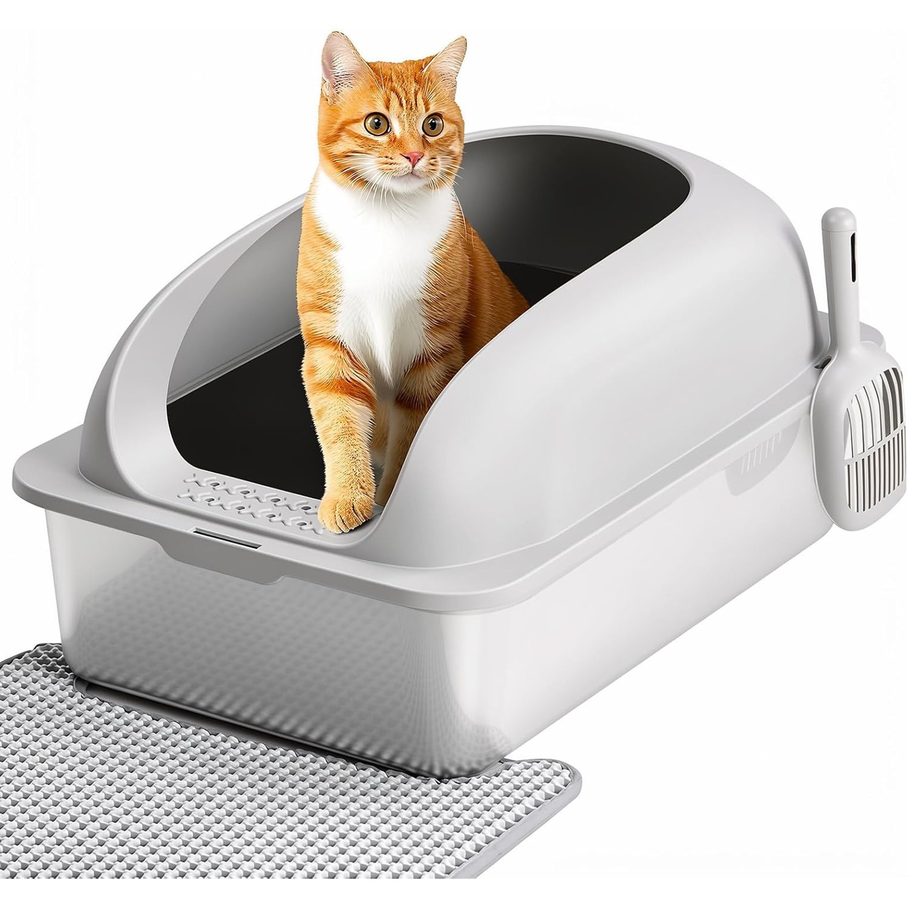 MeWang Leak-Proof Stainless Steel Pan Covered Cat Litter Box with Scoop & Mat, 23.6 x 15.7 x 11.8-in, Light Gray