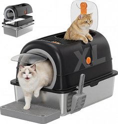 MeWang Dual Entry High Side Anti-Splash Stainless Steel Pan Cat Litter Box with Lid, Scoop & Mat, XX-Large: 23.62 x 15.75 x 15.75-in, Black