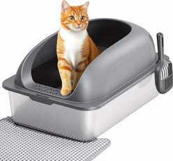 MeWang Leak-Proof Stainless Steel Pan Covered Cat Litter Box with Scoop & Mat, 23.6 x 15.7 x 11.8-in, Dark Gray