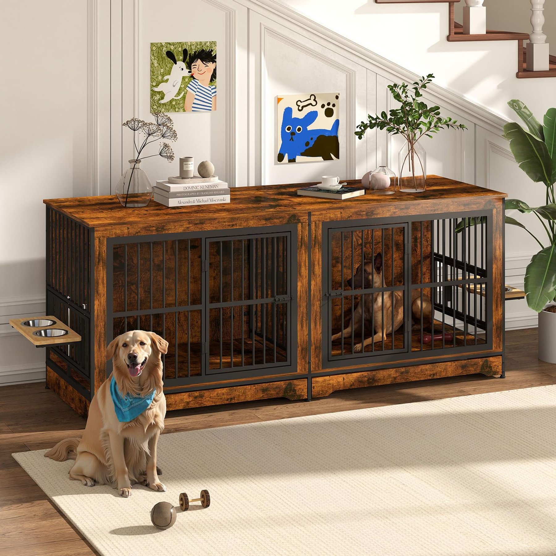 Yafylly Indoor Furniture Style Double Door Dog Crate with Rotatable Feeding Bowl, Large: 78.7 inch, Rustic Brown