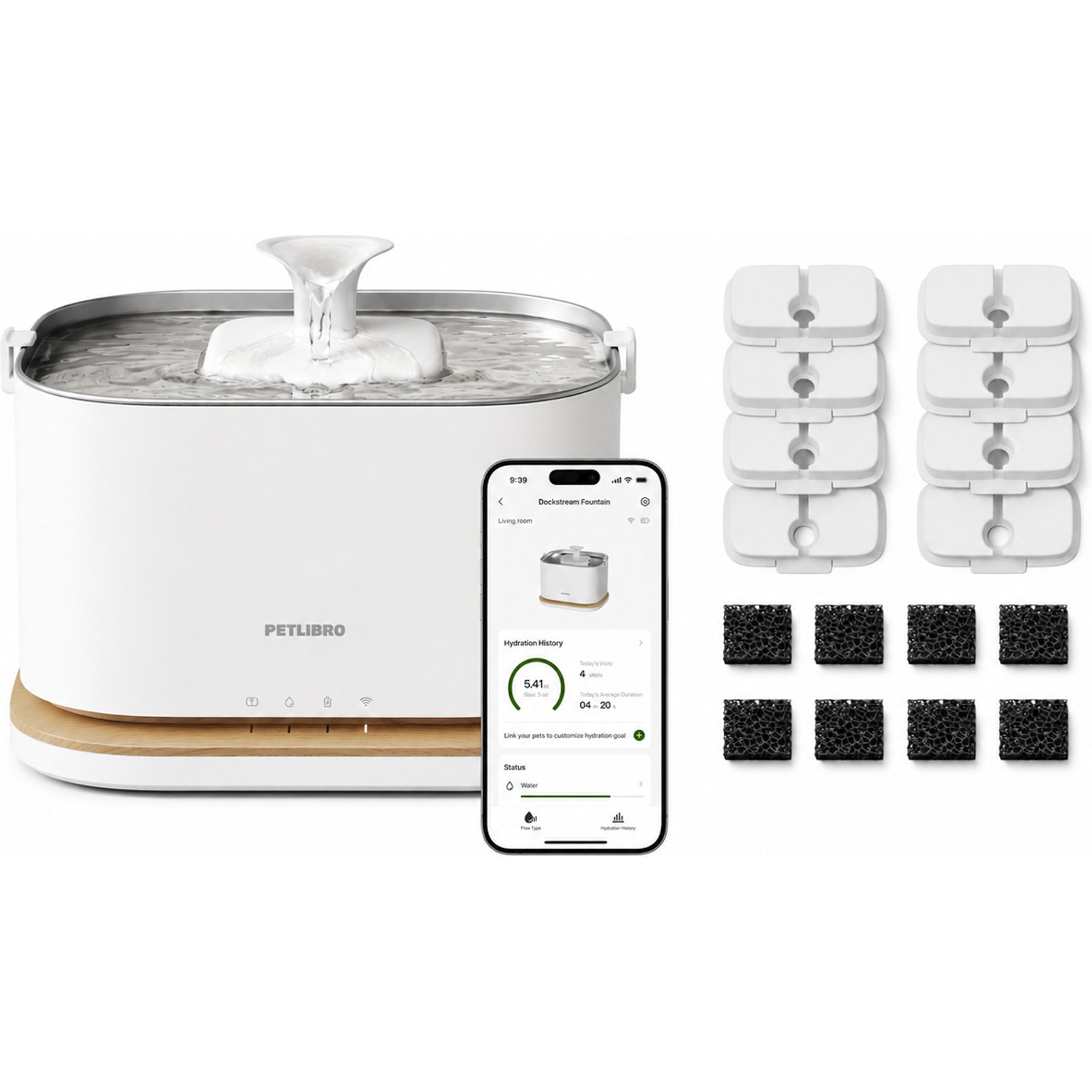 Petlibro Dockstream 2 Stainless Steel Cordless Rechargeable Cat Water Fountain & Filter Bundle, White, 3-l
