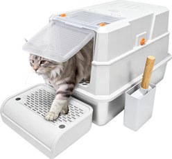 Newget Oval Enclosed Stainless Steel Transparent Front Door with Deodorant Bag Covered Cat Litter Box