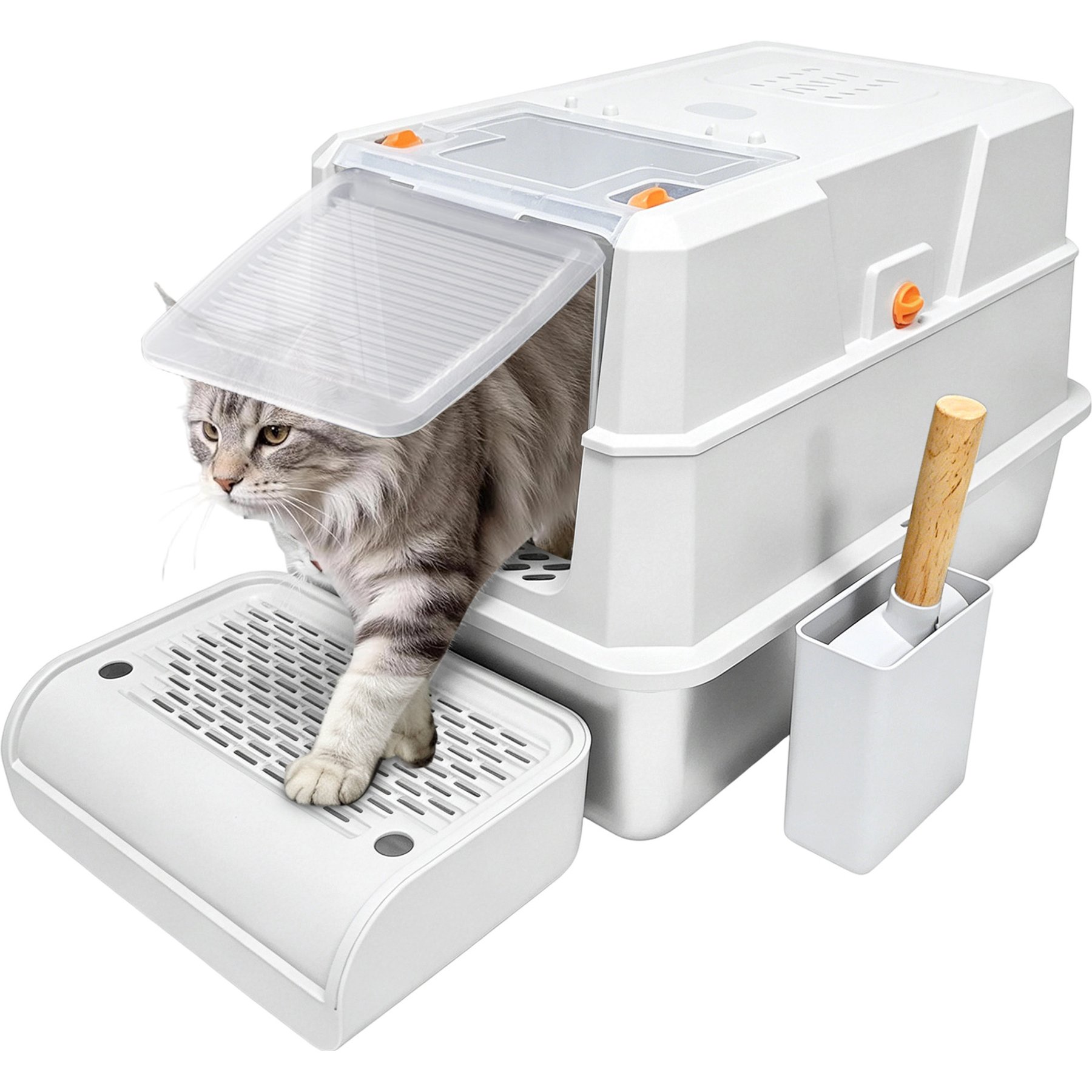 Newget Oval Enclosed Stainless Steel Transparent Front Door with Deodorant Bag Covered Cat Litter Box
