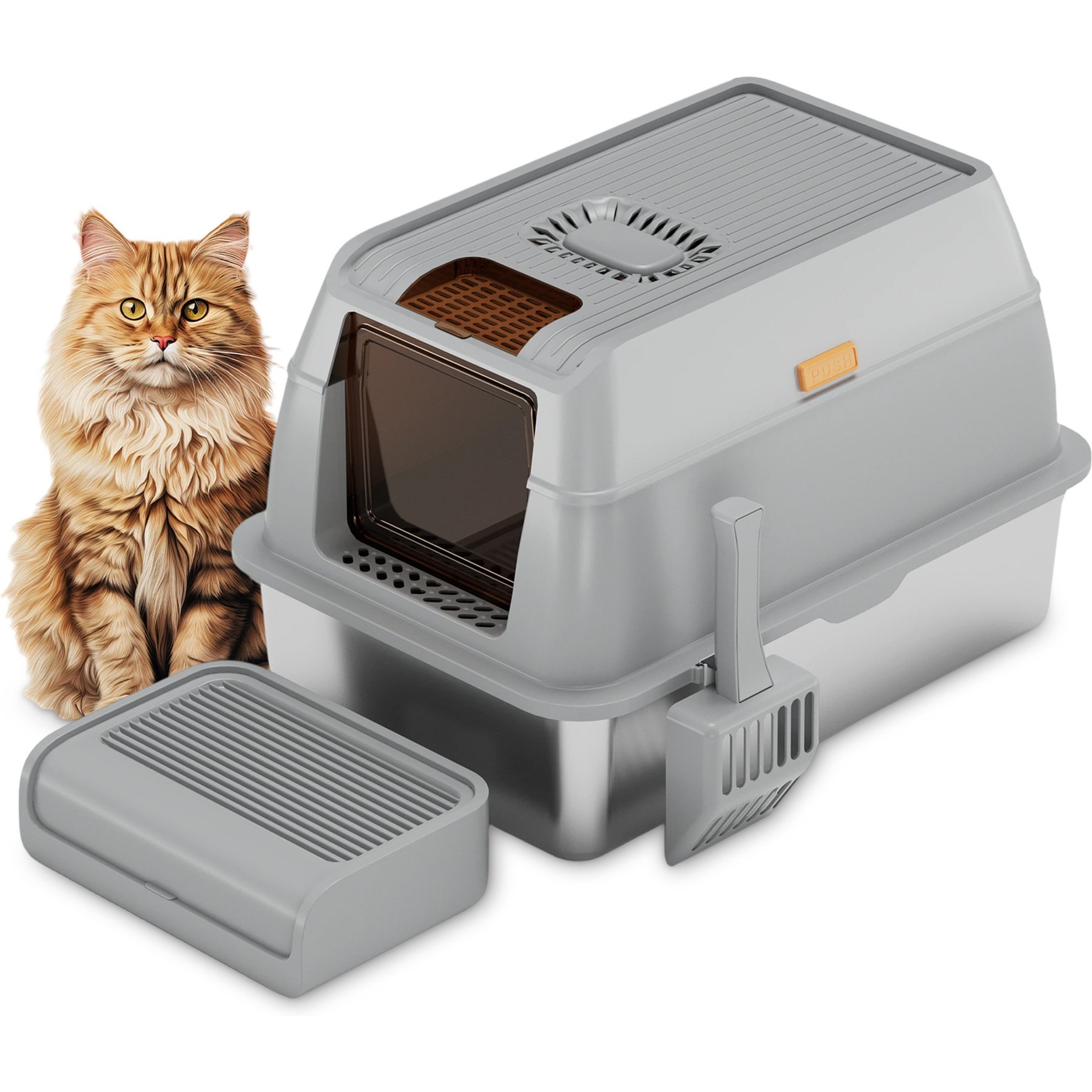 Newget Convertible Open & Closed Design Pan with High Spill Proof Fence Covered Cat Litter Box