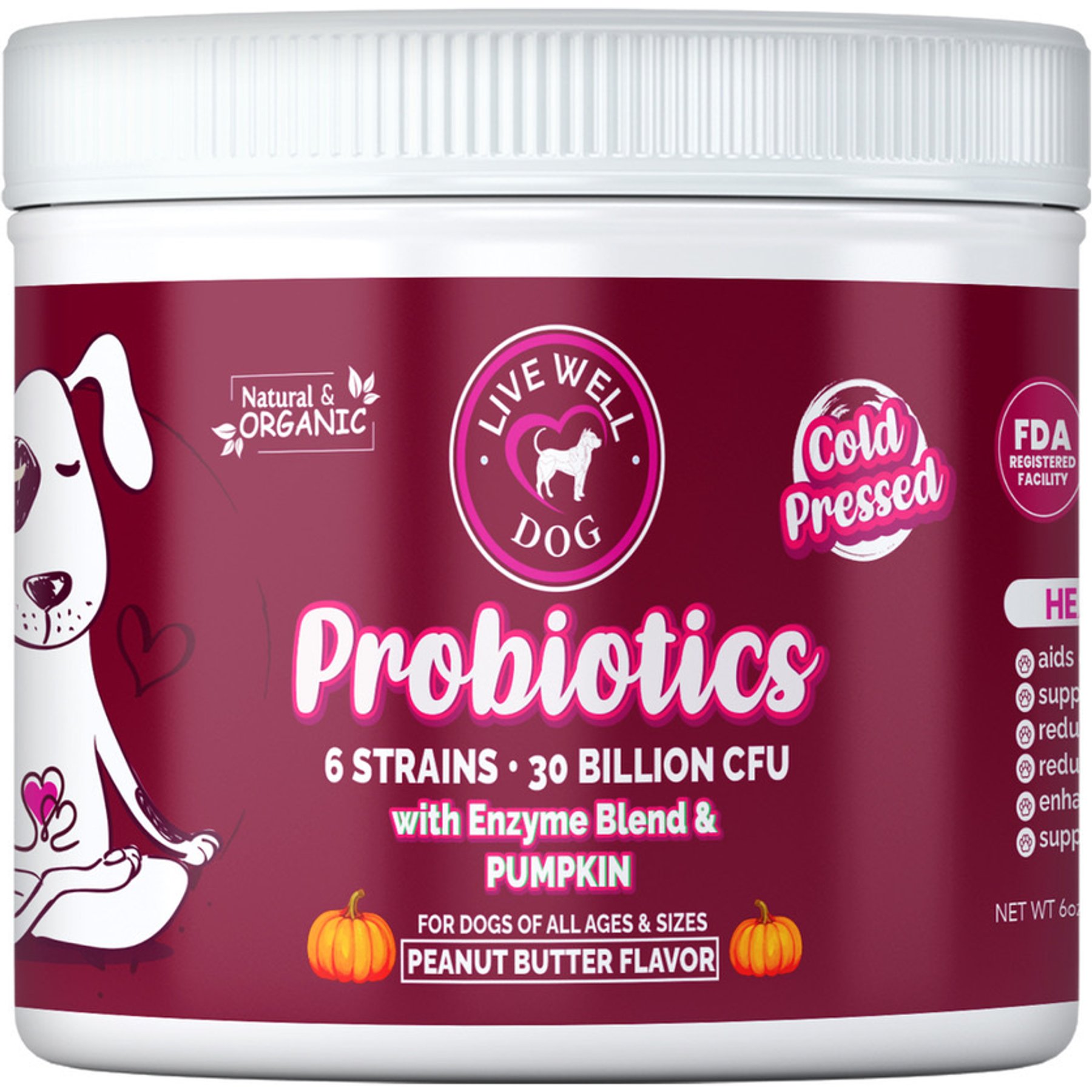 Live Well Dog Probiotic with Pumpkin Digestive-Health Peanut Butter Flavored Soft Chews Supplement for Dogs, 6-oz jar