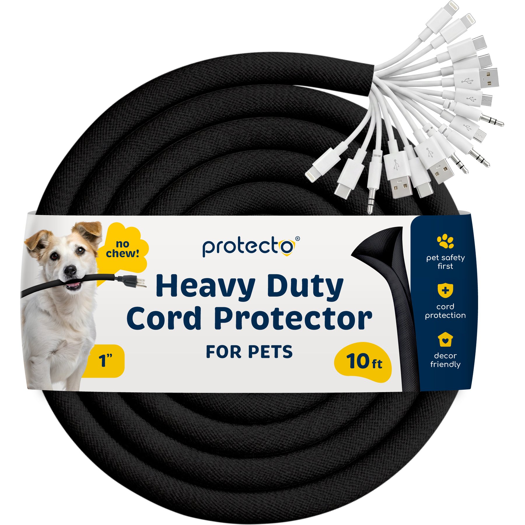 Protecto Chew-Proof Cord Protector Dog, Cat & Small Animal Wire Cover, 10-ft long, 1-in wide, Black