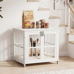 Rupzen Double-Door Chew-Resistant Escape-Proof Wood-Grain Side Table Dog Crate, White, 26 Inch