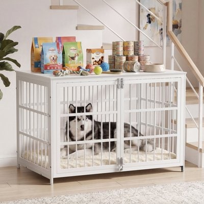 Rupzen Rupzen Double-Door Chew-Resistant Escape-Proof Wood-Grain Side Table Dog Crate, White, 48 Inch
