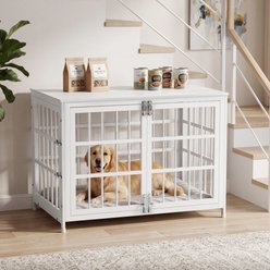 Rupzen Double-Door Chew-Resistant Escape-Proof Wood-Grain Side Table Dog Crate, White, 38 Inch