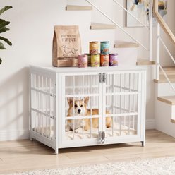 Rupzen Double-Door Chew-Resistant Escape-Proof Wood-Grain Side Table Dog Crate, White, 32 Inch