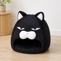 NonoPets Soft Inner Cushion Grumpy Face Shaped Enclosed Plush Hideaway Novelty Covered Dog & Cat Bed, Black, Medium