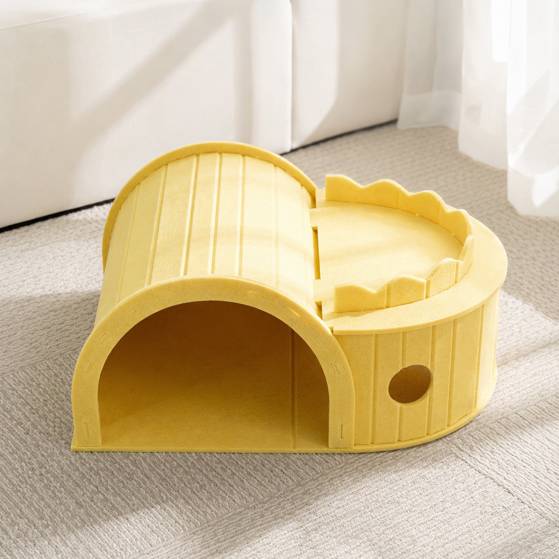 NonoPets 3-in-1 Play Maze Hideaway S-Shaped Felt Multi-Functional Interactive Covered Dog & Cat Bed, Yellow