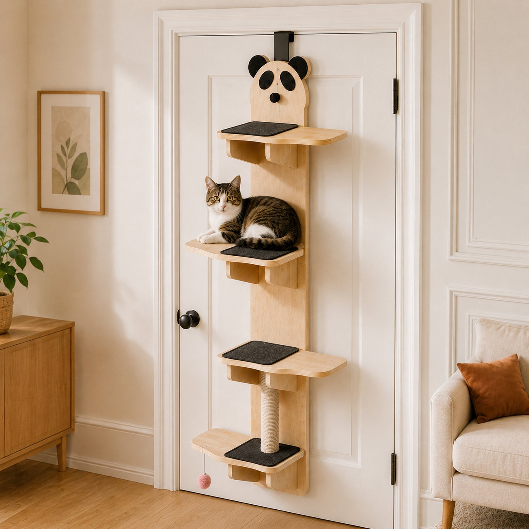 NonoPets Panda Shaped 66.93-in Hanging Scratching Post Floor to Ceiling Cat Scratching Post & Hanging Pom-Pom Toy