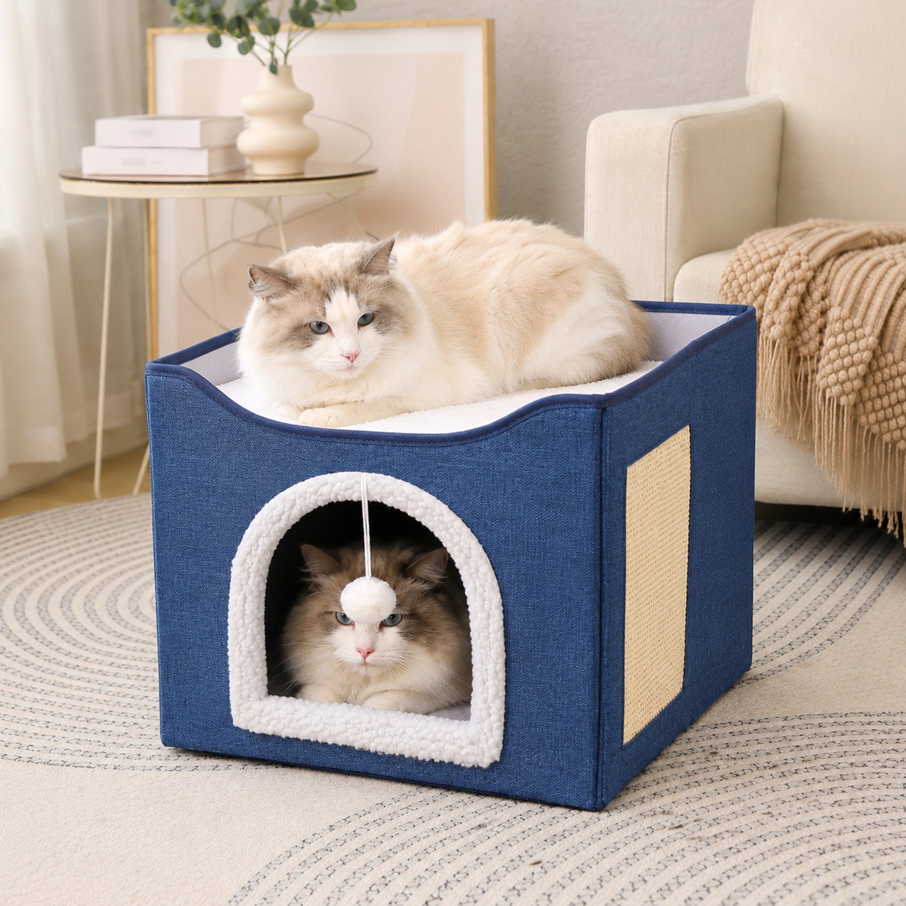 NonoPets Polyester Felt Foldable Machine Washable Covered Cat Litter House, Blue
