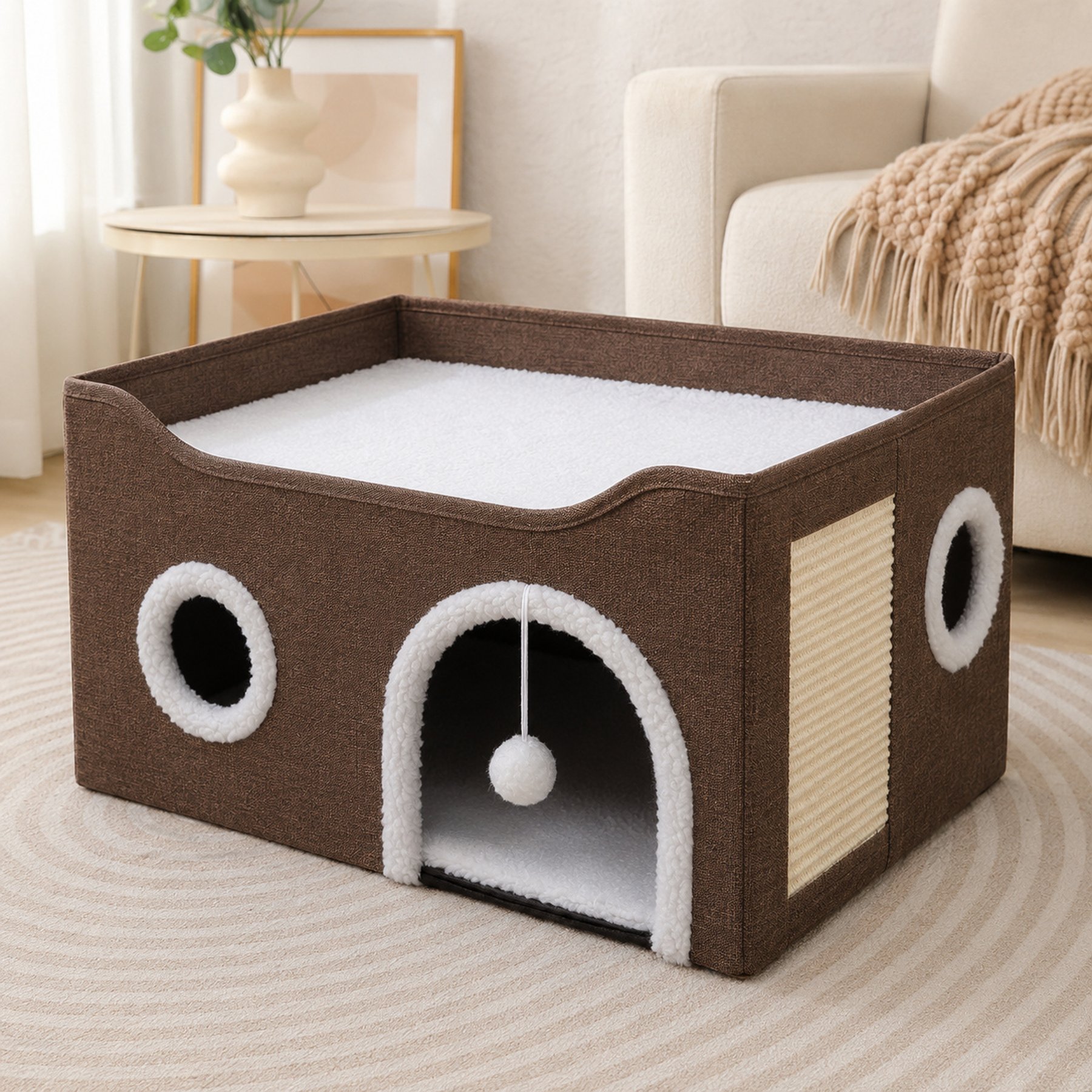 NonoPets Polyester Felt Foldable Removable Washable Base Covered Cat Bed with Scratching Panel, Brown, Medium