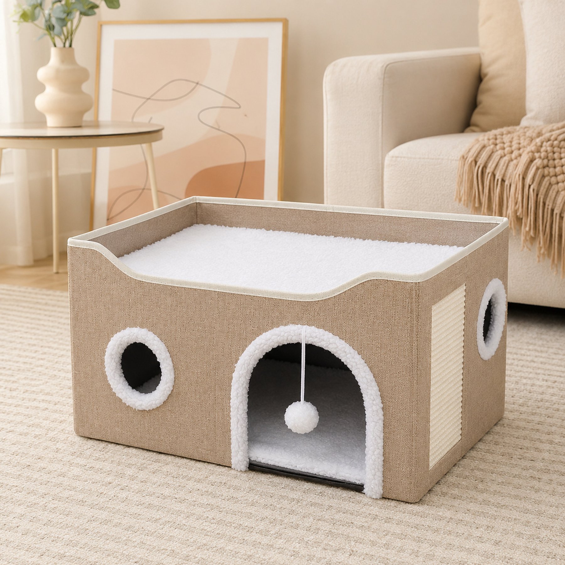 NonoPets Polyester Felt Foldable Removable Washable Base Covered Cat Bed with Scratching Panel, Beige, Medium