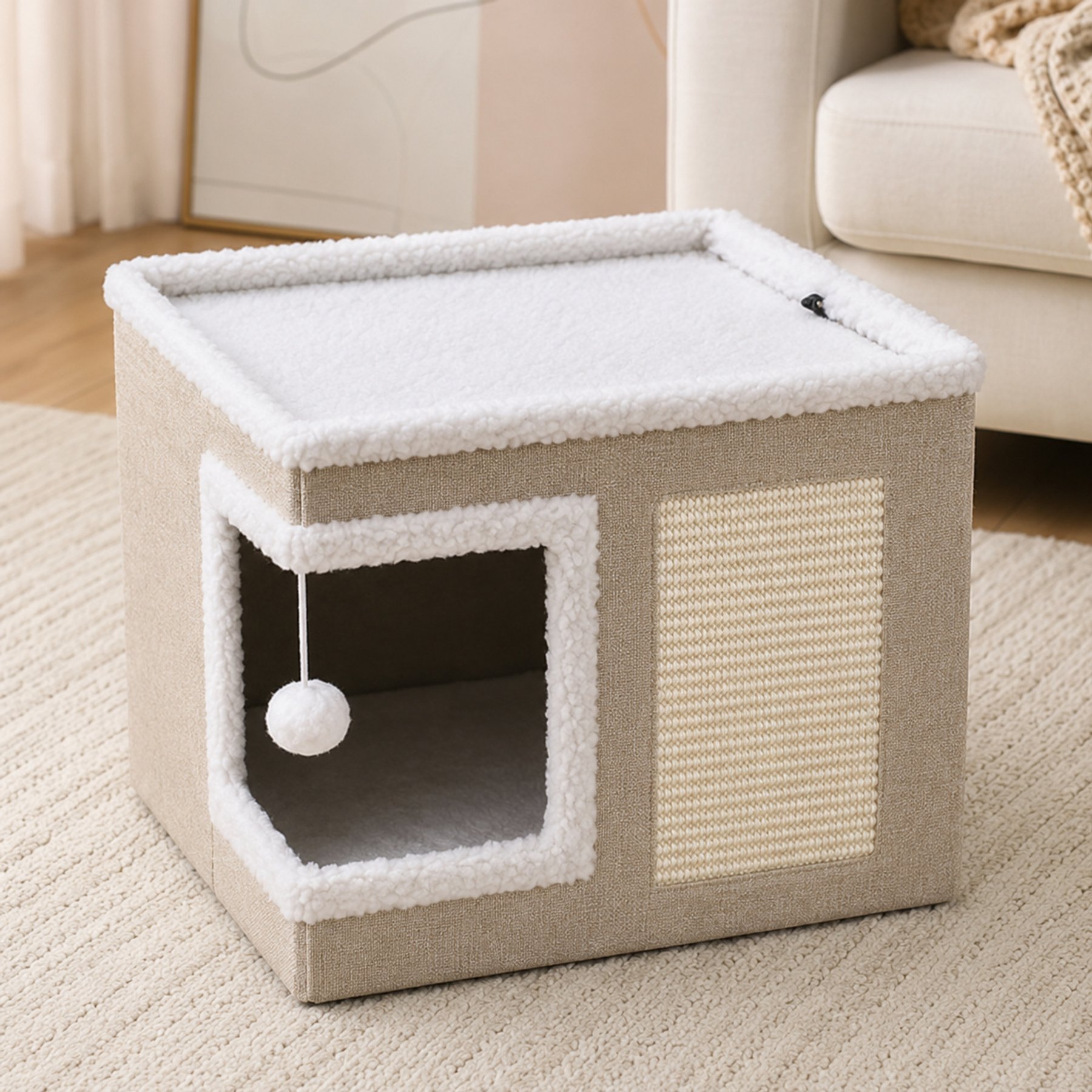 NonoPets Polyester Felt Foldable Removable Washable Base Covered Cat Bed with Scratching Panel, Beige, Small