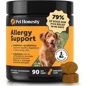 Pet Honesty Allergy Support Peanut Butter Flavored Colostrum & Turmeric Chews, Itchy Skin, Immune & Allergy Relief Supplement for Dogs, 90 count