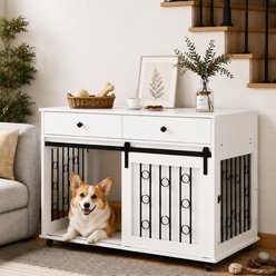 Yafylly Modern Wooden Furniture Dog Crate with Lockable Wheels, Double Drawers & Sliding Barn Door, White, Medium: 39.37-in