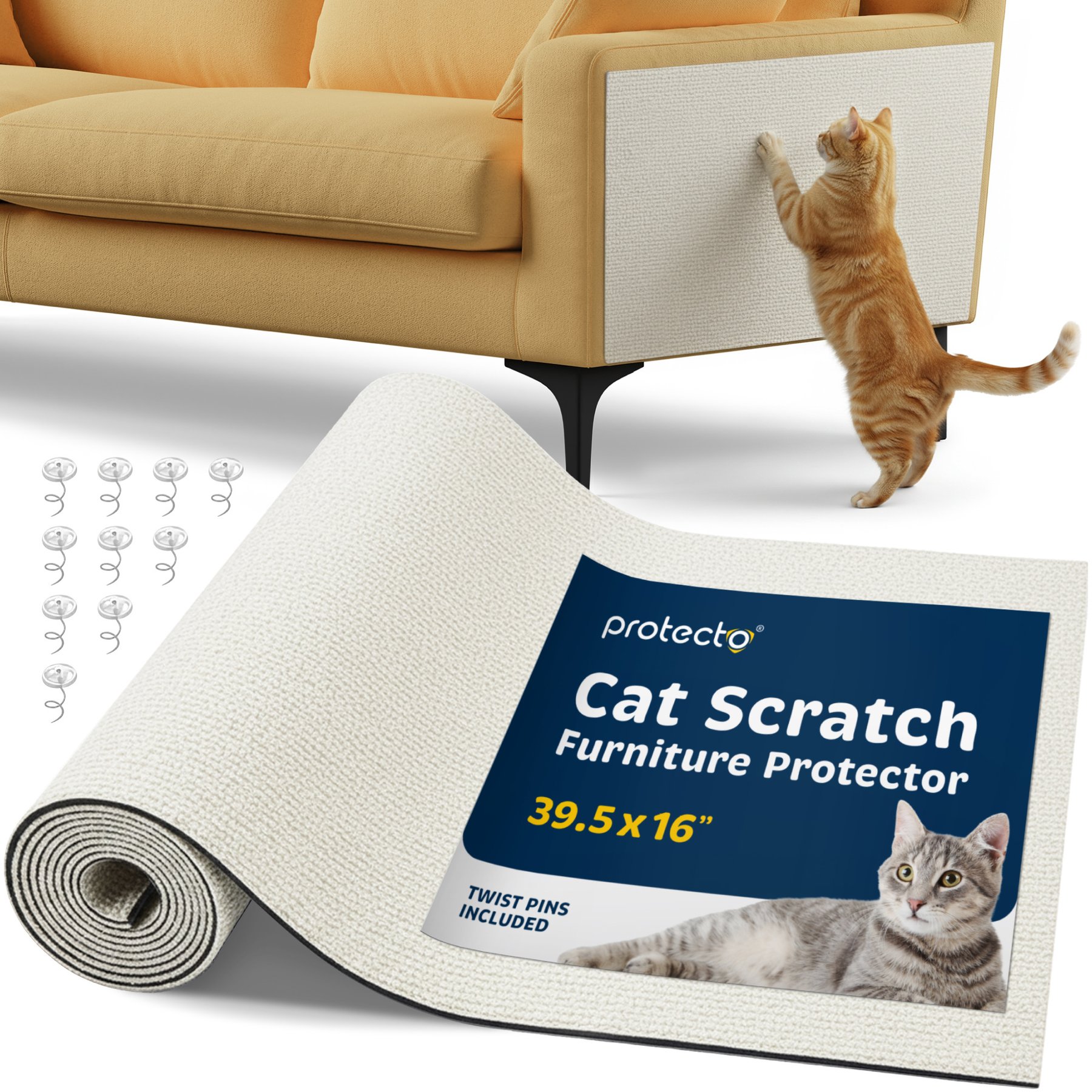 Protecto Couch, Wall & Door Dog & Cat Scratch Furniture Protector, Cream White, 39.5 x 16-in