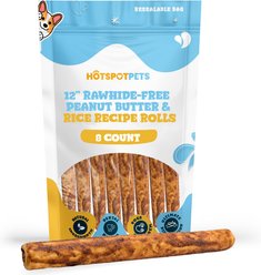 HOTSPOT PETS Rawhide-Free 12-inch Peanut Butter & Rice Recipe Roll Hard Chew Dog Treats, 8 count