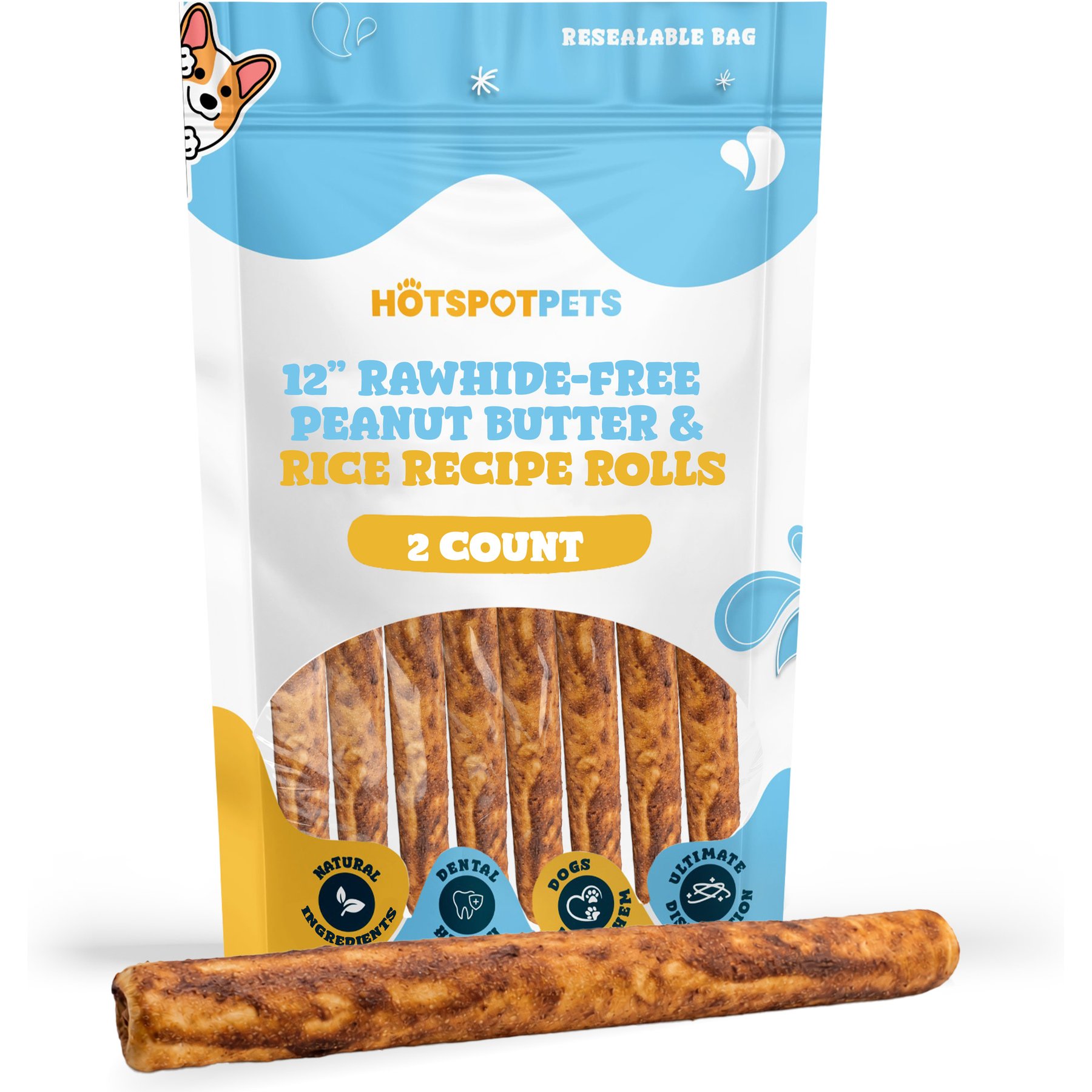HOTSPOT PETS Rawhide-Free 12-inch Peanut Butter & Rice Recipe Roll Hard Chew Dog Treats, 2 count